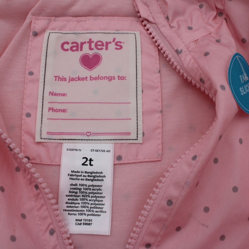 NWT Carter’s Girls 2T Rain Slicker – Light Pink with Grey Polka Dots - Picture 3 of 7